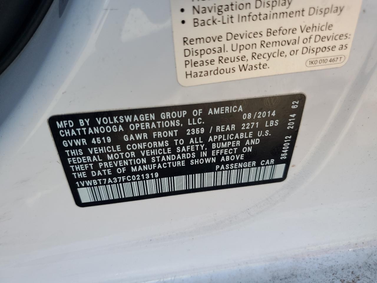 2015 Volkswagen Passat Se VIN: 1VWBT7A37FC021319 Lot: 49633855