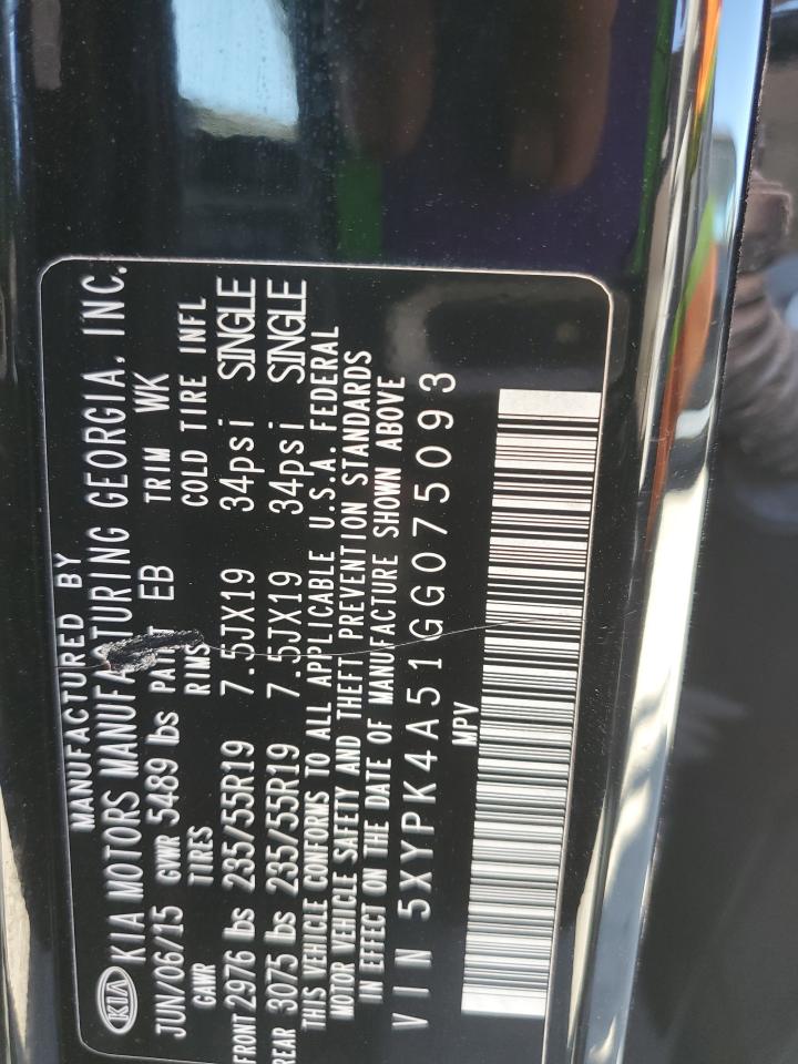 2016 Kia Sorento Sx VIN: 5XYPK4A51GG075093 Lot: 50004315