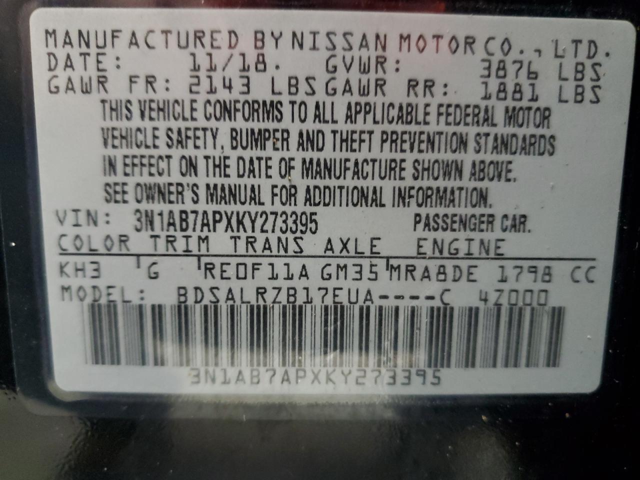 2019 Nissan Sentra S VIN: 3N1AB7APXKY273395 Lot: 50689315