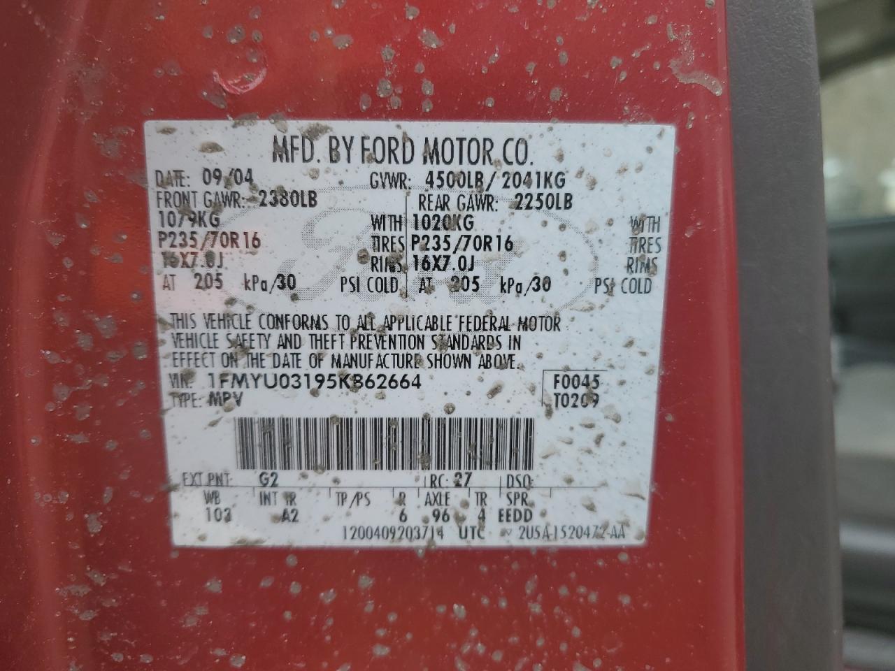 2005 Ford Escape Xlt VIN: 1FMYU03195KB62664 Lot: 48162935