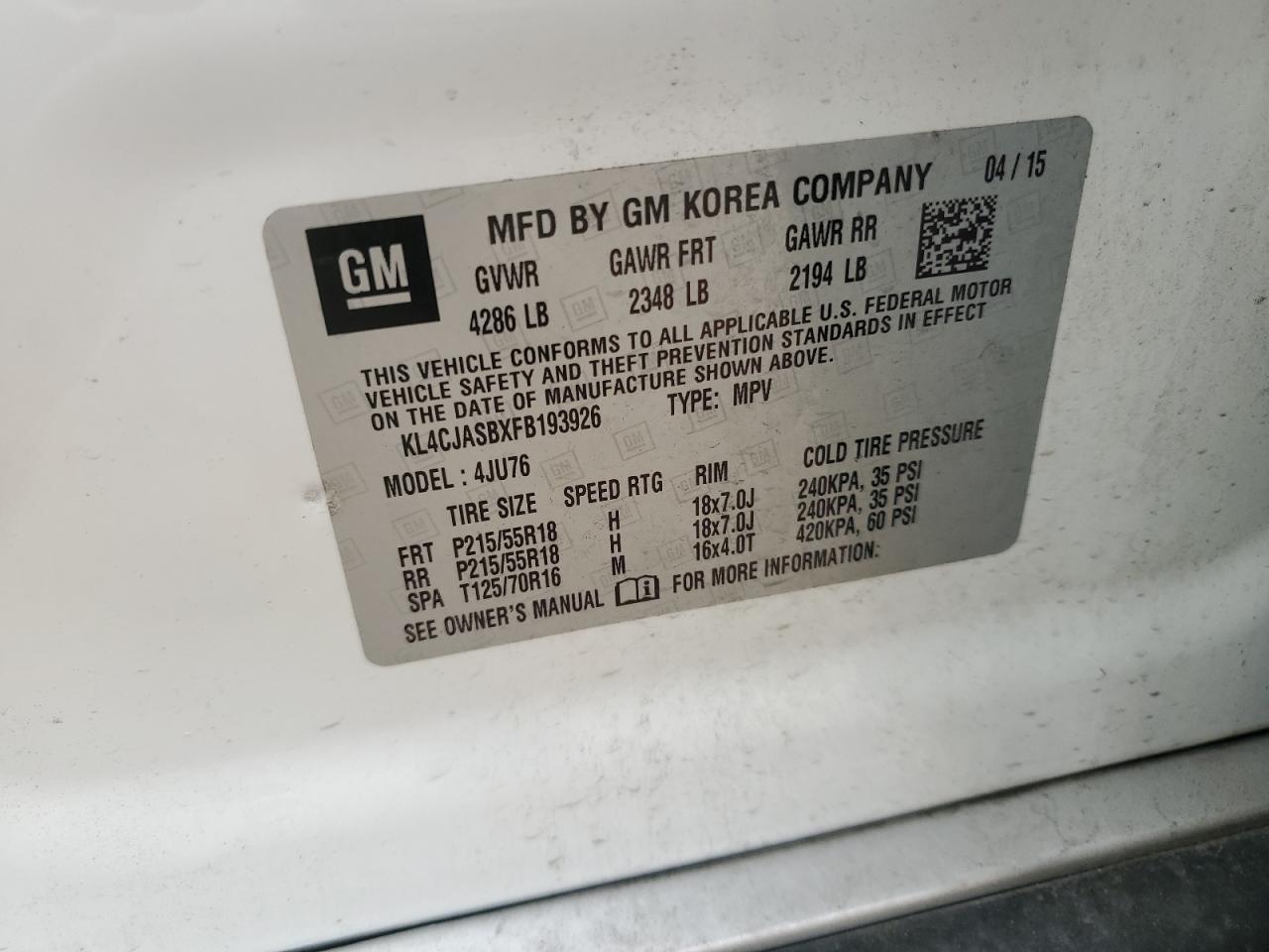 2015 BUICK ENCORE with MECHANICAL damage, VIN KL4CJASBXFB193926