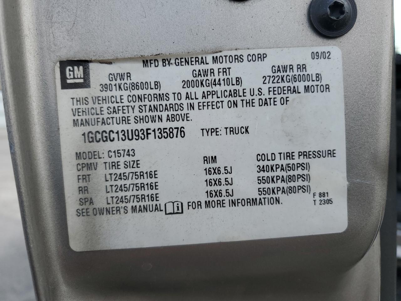 2003 Chevrolet Silverado C1500 Heavy Duty VIN: 1GCGC13U93F135876 Lot: 51276445