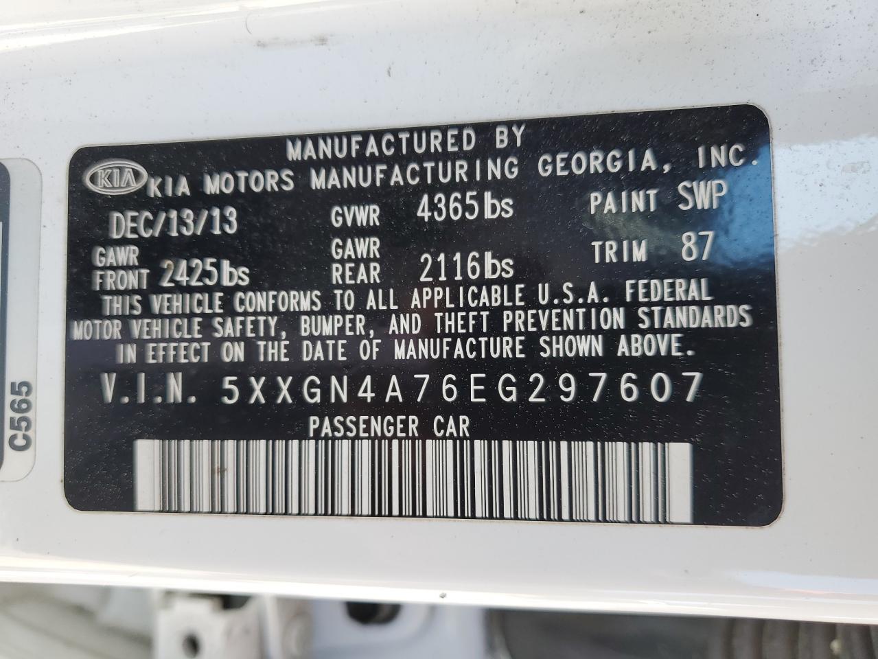 2014 Kia Optima Ex VIN: 5XXGN4A76EG297607 Lot: 69919595