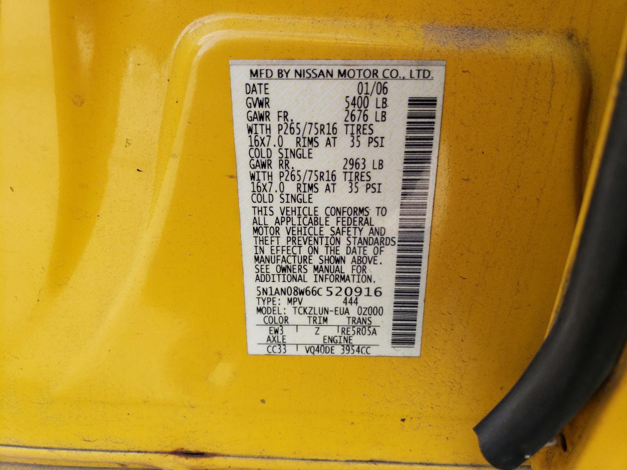 2006 Nissan Xterra Off Road VIN: 5N1AN08W66C520916 Lot: 49309045