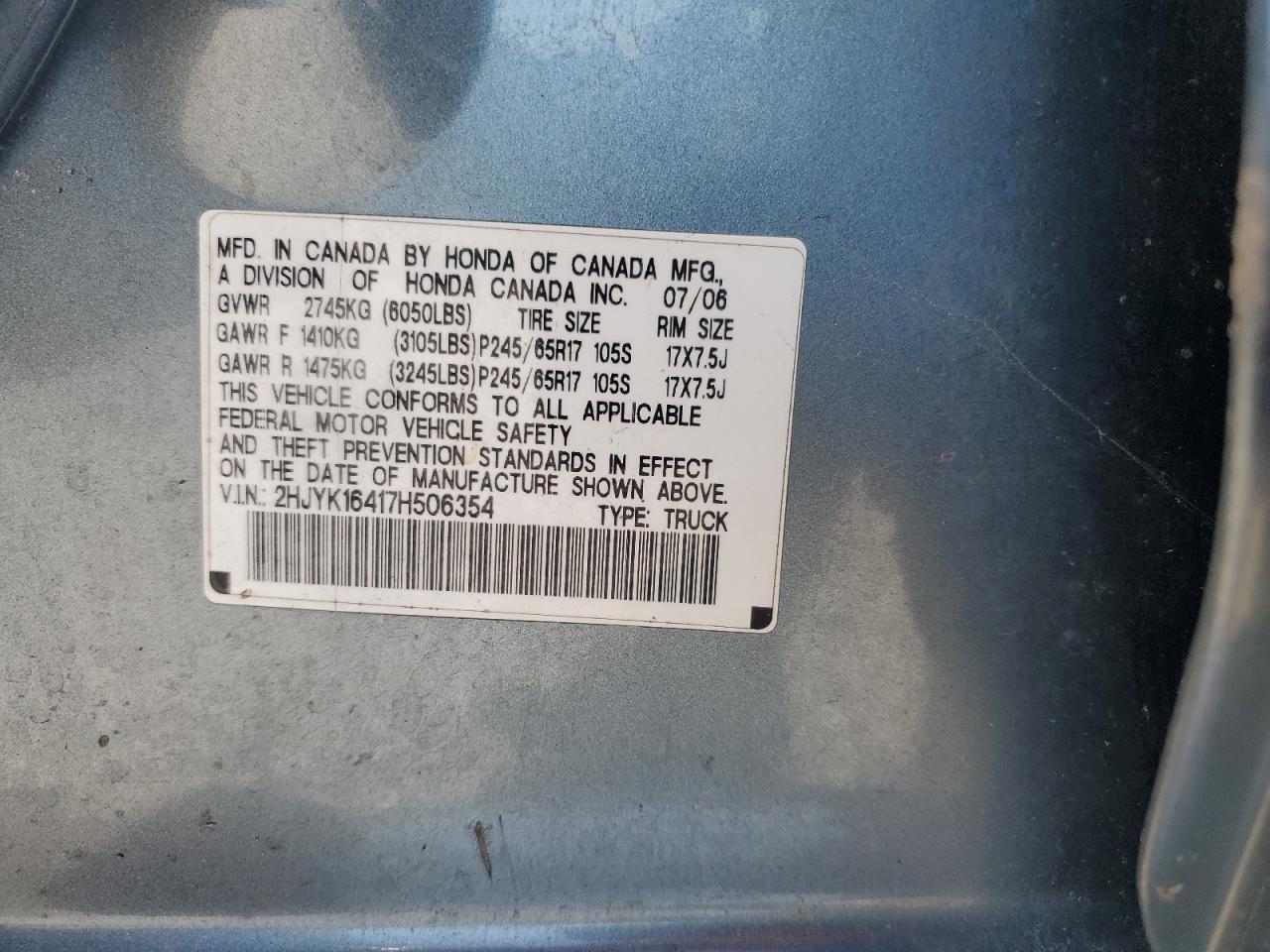2007 Honda Ridgeline Rts VIN: 2HJYK16417H506354 Lot: 48828385