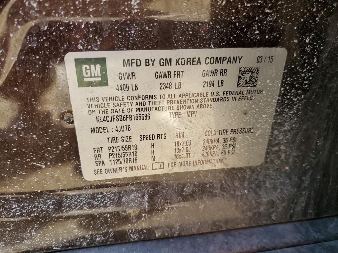 2015 BUICK ENCORE with REAR END damage, VIN KL4CJFSB6FB166686