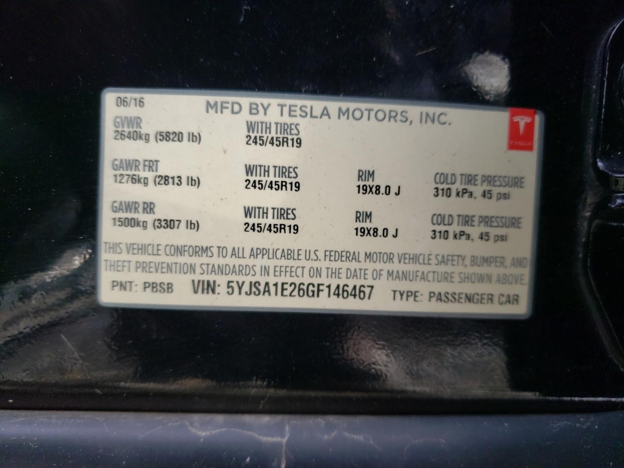 2016 Tesla Model S VIN: 5YJSA1E26GF146467 Lot: 48299895