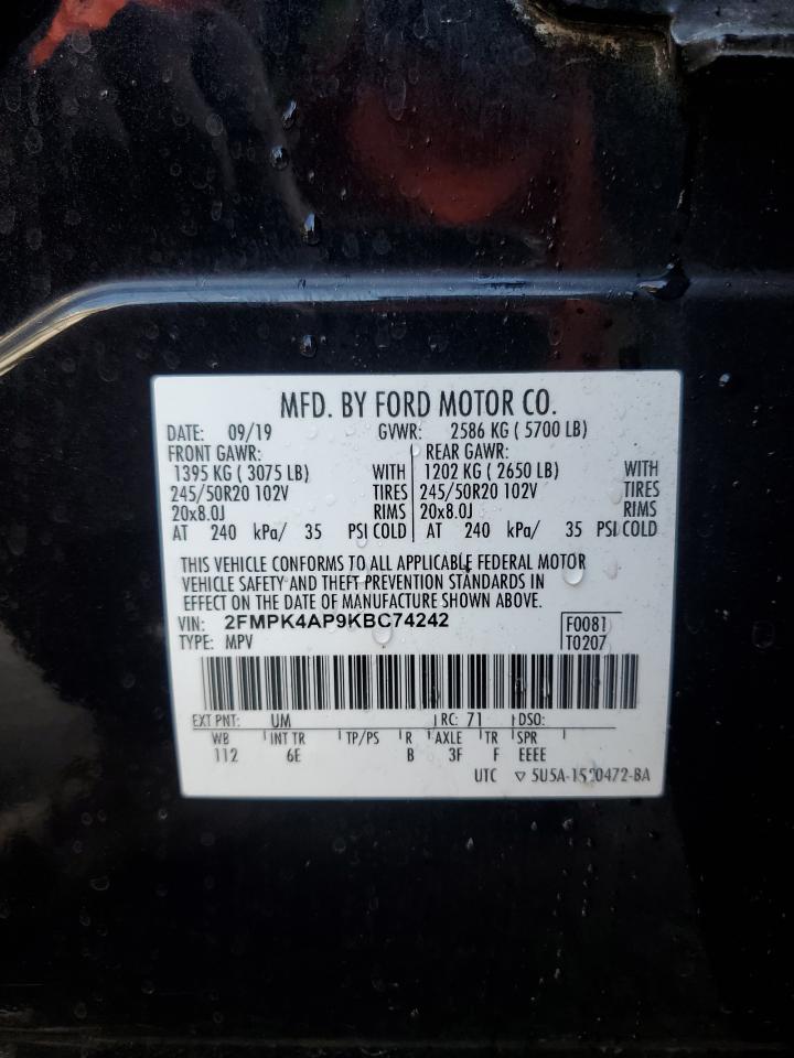 2019 Ford Edge St VIN: 2FMPK4AP9KBC74242 Lot: 49230235