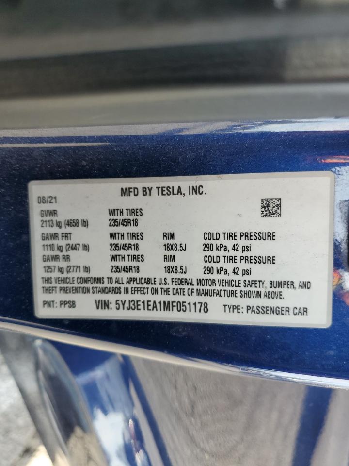 2021 Tesla Model 3 VIN: 5YJ3E1EA1MF051178 Lot: 48549035