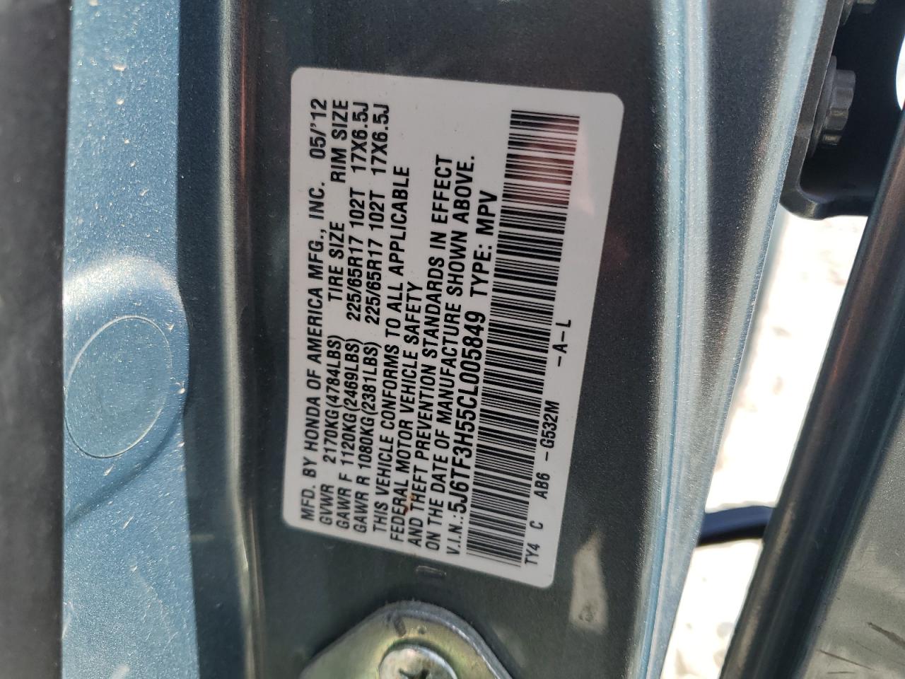 2012 Honda Crosstour Exl VIN: 5J6TF3H55CL005849 Lot: 50191425