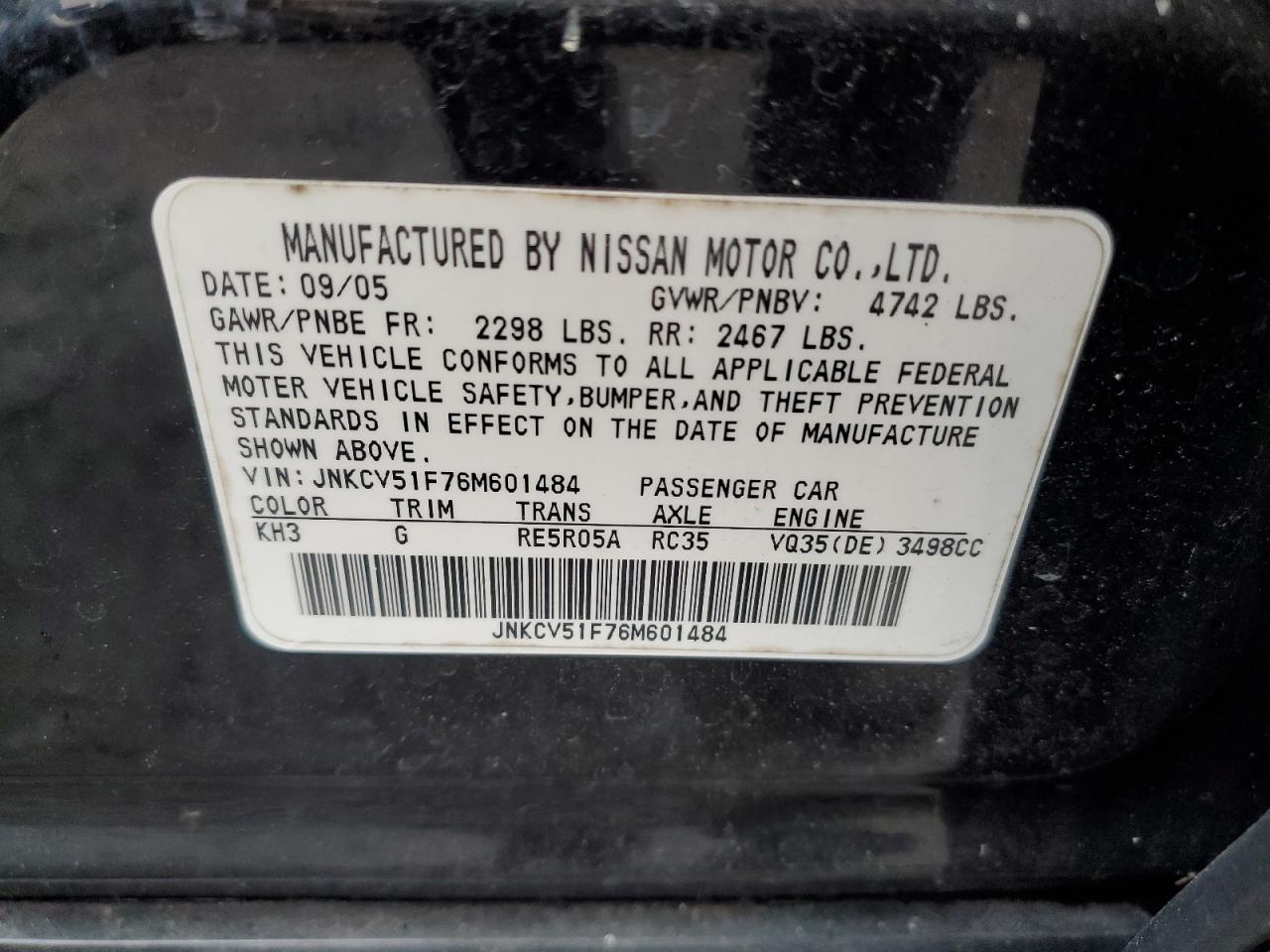 2006 Infiniti G35 VIN: JNKCV51F76M601484 Lot: 47384015