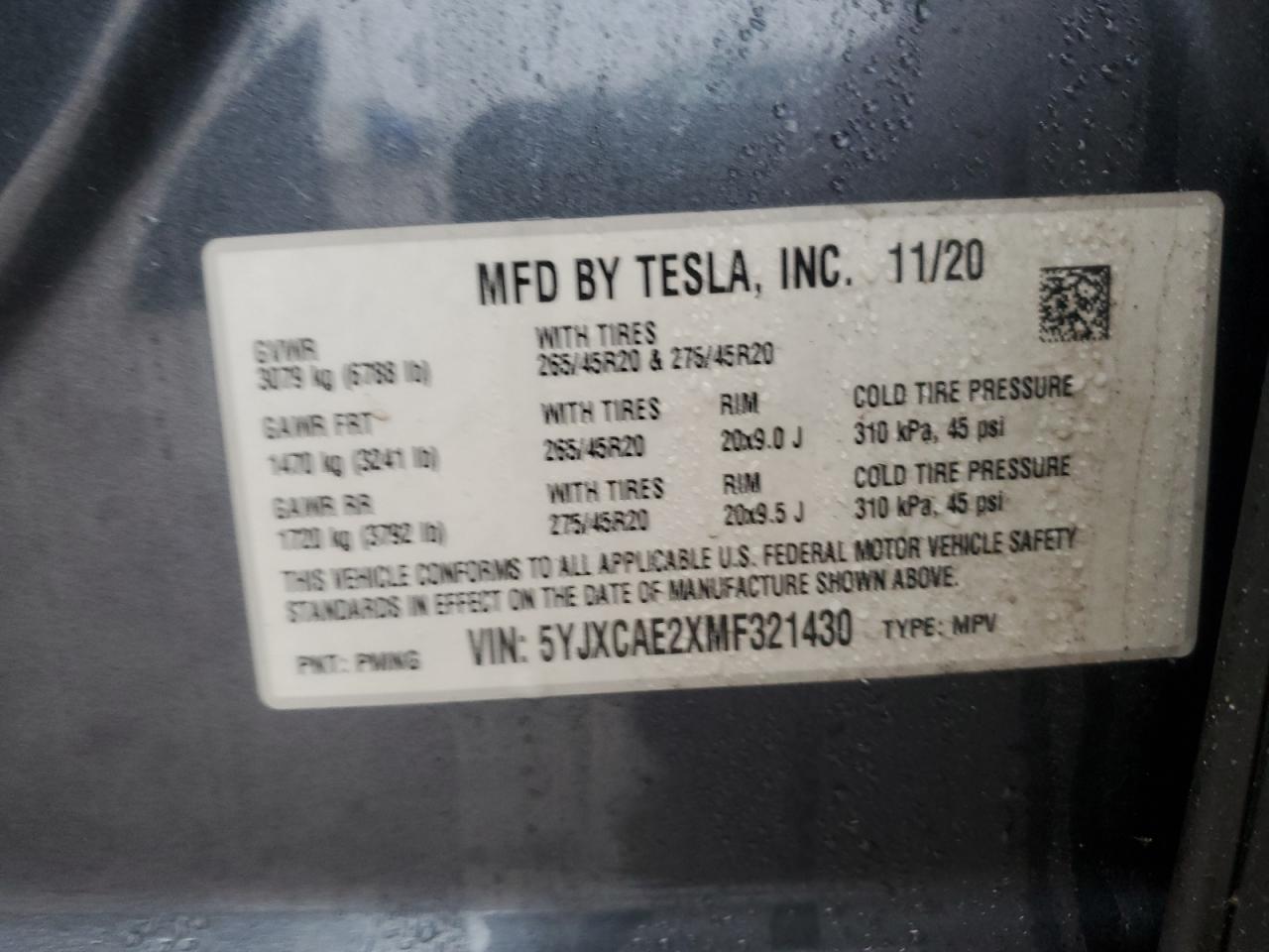 2021 Tesla Model X VIN: 5YJXCAE2XMF321430 Lot: 47552905