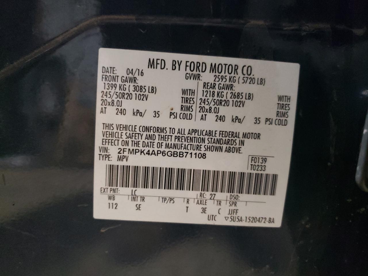 2FMPK4AP6GBB71108 FORD EDGE 2016