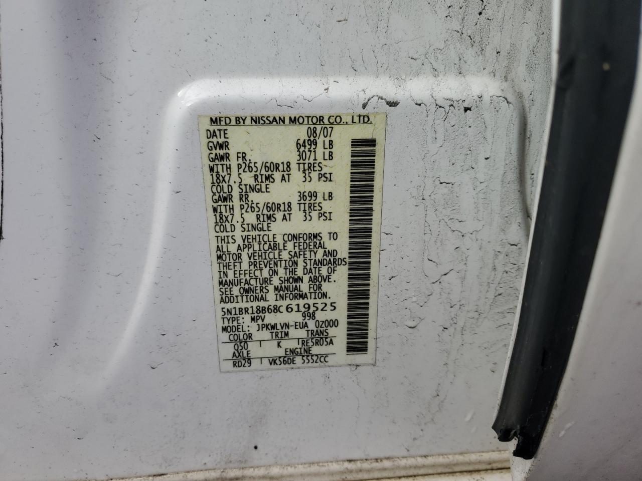 2008 Nissan Pathfinder Le VIN: 5N1BR18B68C619525 Lot: 49797885