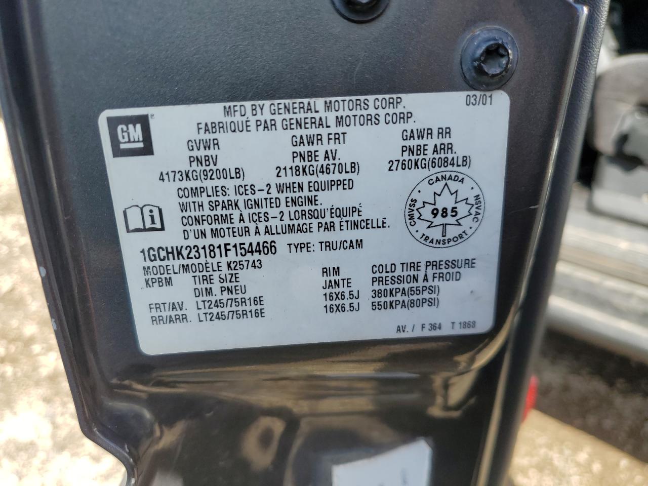 2001 Chevrolet Silverado K2500 Heavy Duty VIN: 1GCHK23181F154466 Lot: 50887405