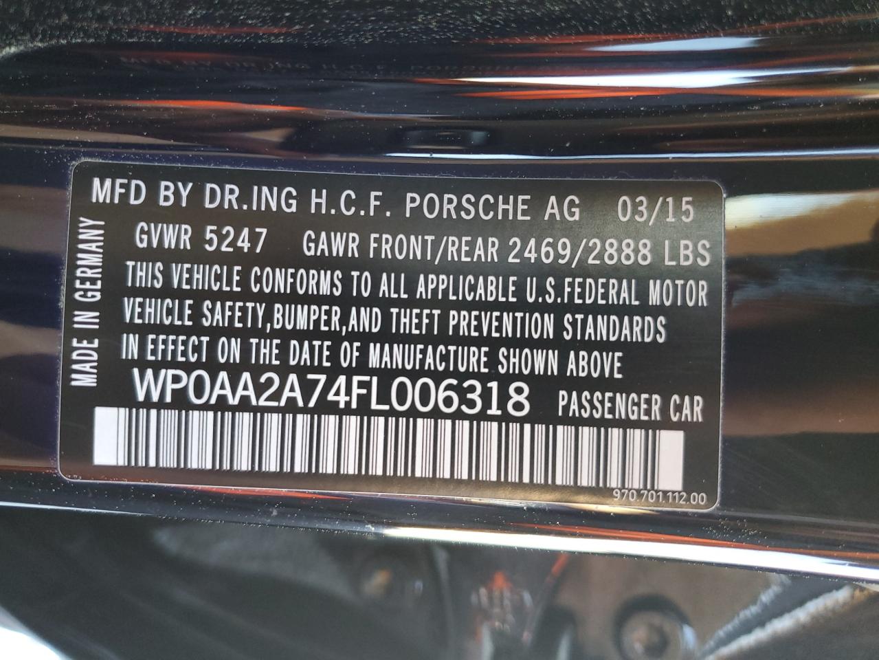 2015 Porsche Panamera 2 VIN: WP0AA2A74FL006318 Lot: 49692935