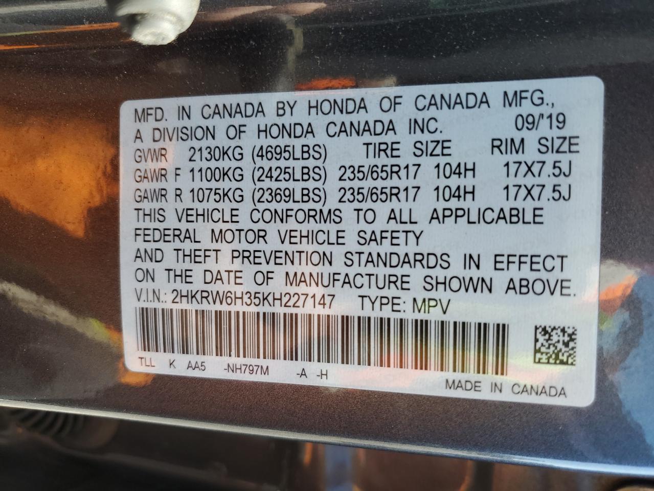 2019 Honda Cr-V Lx VIN: 2HKRW6H35KH227147 Lot: 50595575