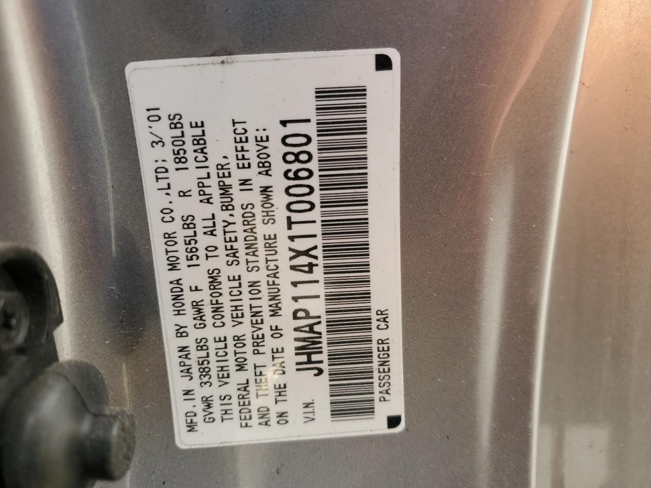 2001 Honda S2000 VIN: JHMAP114X1T006801 Lot: 48923585