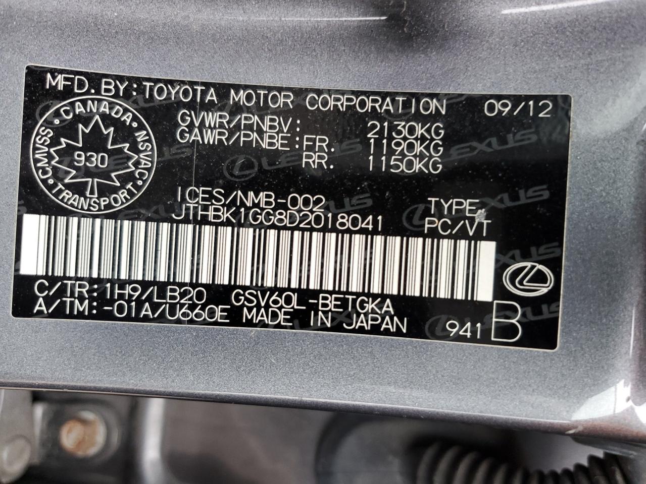 2013 Lexus Es 350 VIN: JTHBK1GG8D2018041 Lot: 50828925