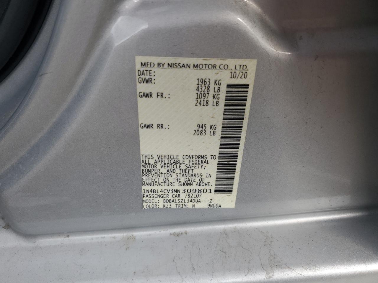 2021 Nissan Altima Sr VIN: 1N4BL4CV3MN309801 Lot: 50816615