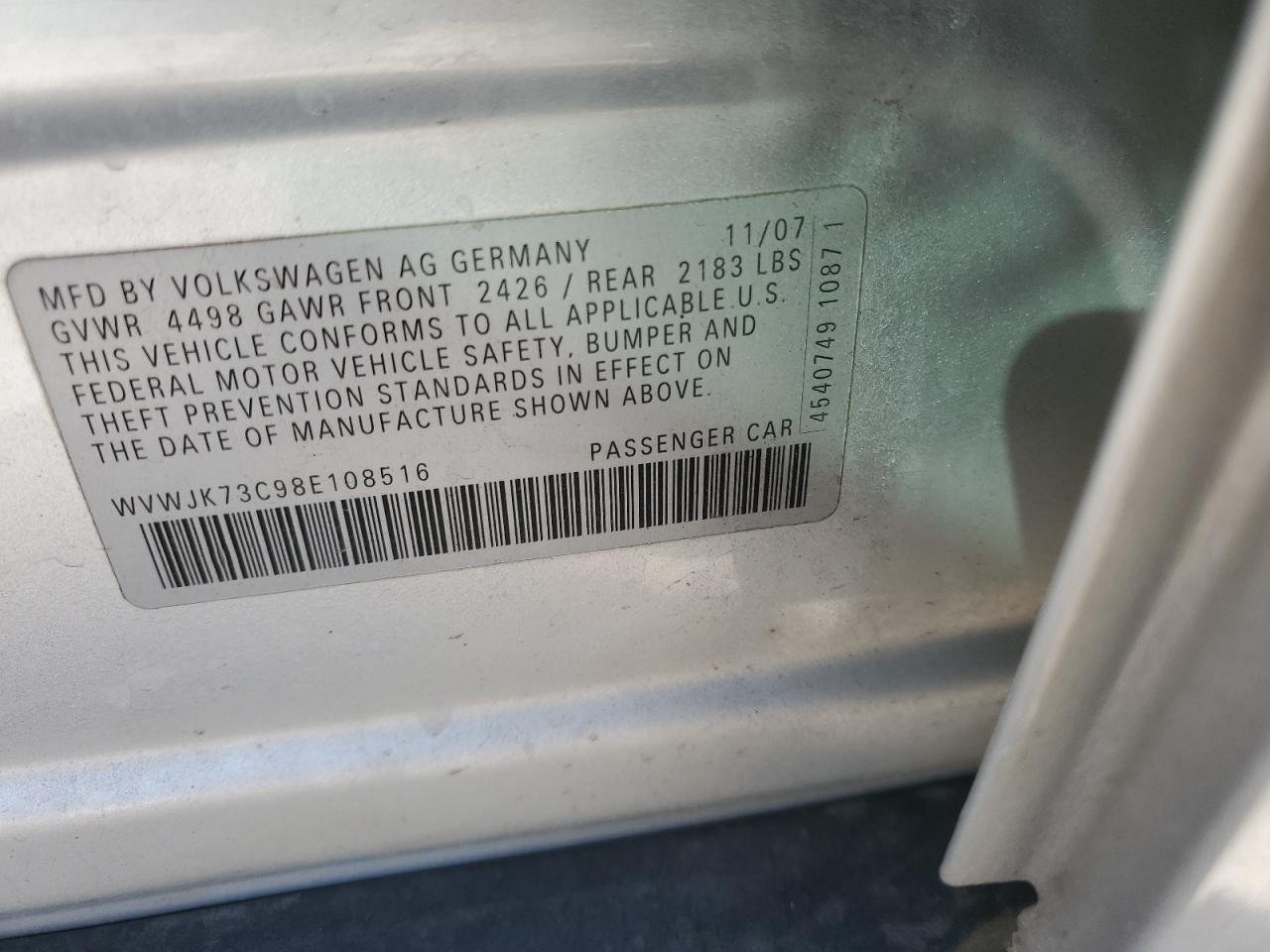 2008 Volkswagen Passat Turbo VIN: WVWJK73C98E108516 Lot: 47948525