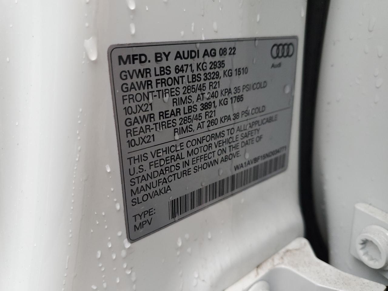 2022 Audi Q8 Premium VIN: WA1AVBF15ND034771 Lot: 49419335