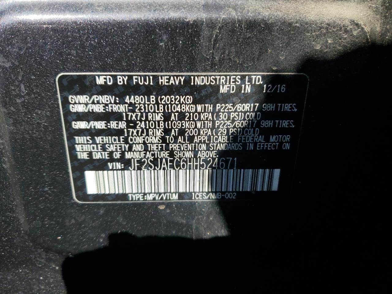 2017 Subaru Forester 2.5I Premium VIN: JF2SJAEC6HH524671 Lot: 49944975