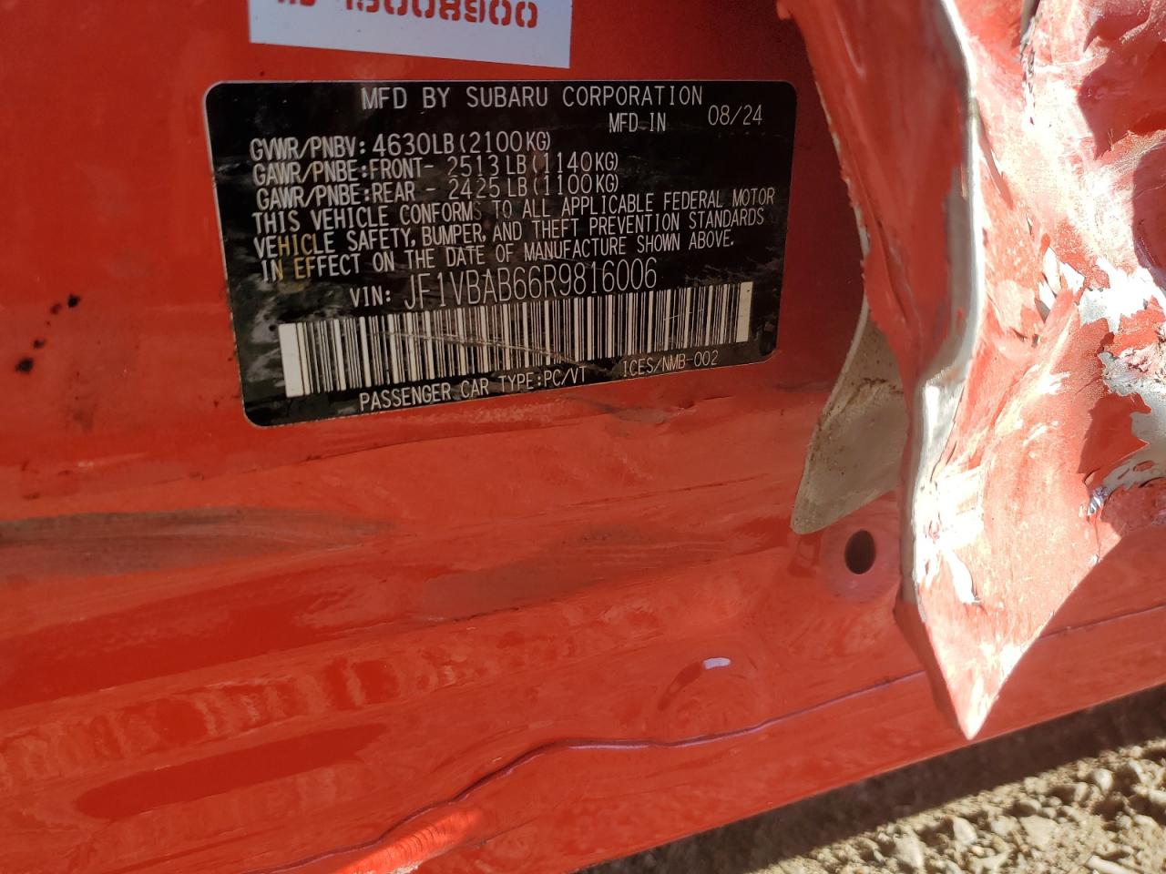 2024 Subaru Wrx VIN: JF1VBAB66R9816006 Lot: 47889235