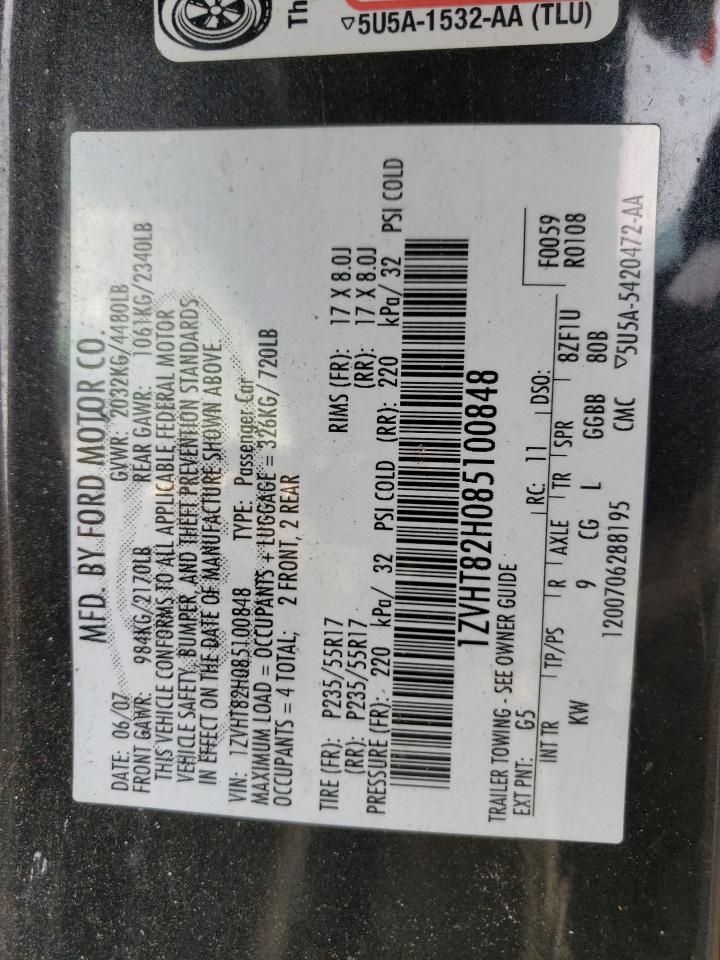 2008 Ford Mustang Gt VIN: 1ZVHT82H085100848 Lot: 50249665