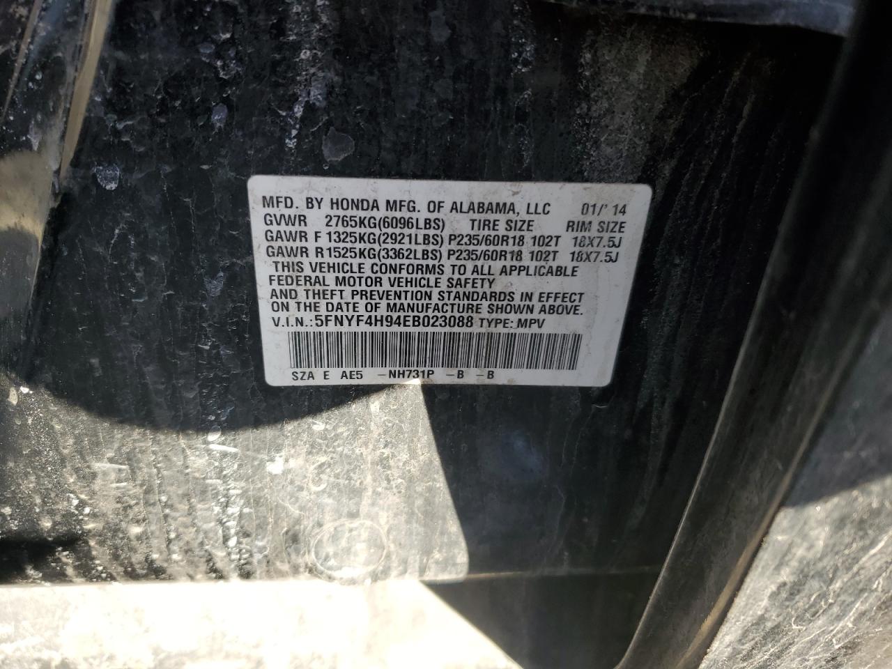 2014 Honda Pilot Touring VIN: 5FNYF4H94EB023088 Lot: 59711085