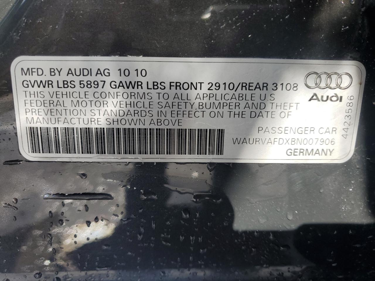 2011 Audi A8 L Quattro VIN: WAURVAFDXBN007906 Lot: 48433005