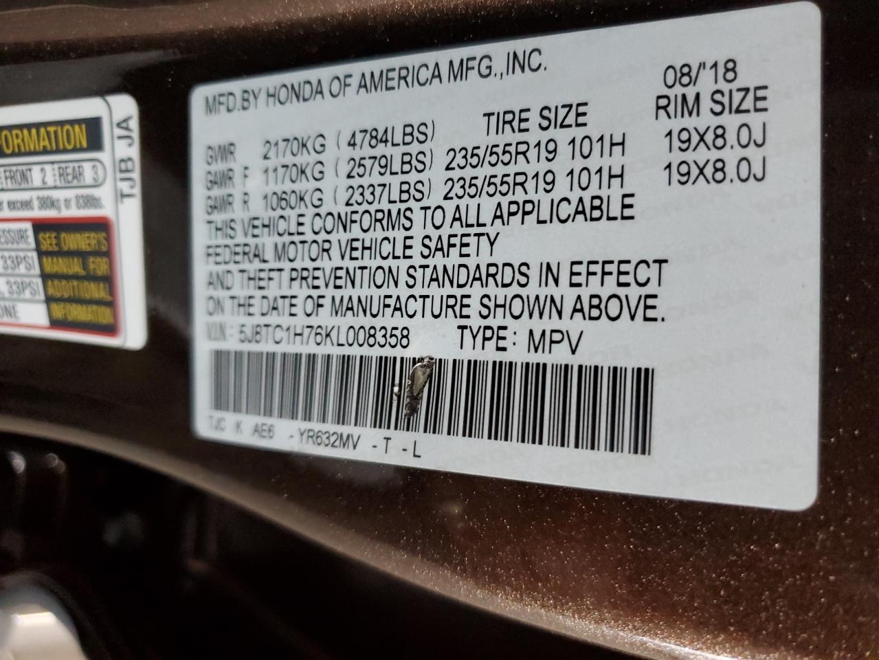 2019 Acura Rdx Advance VIN: 5J8TC1H76KL008358 Lot: 49822495