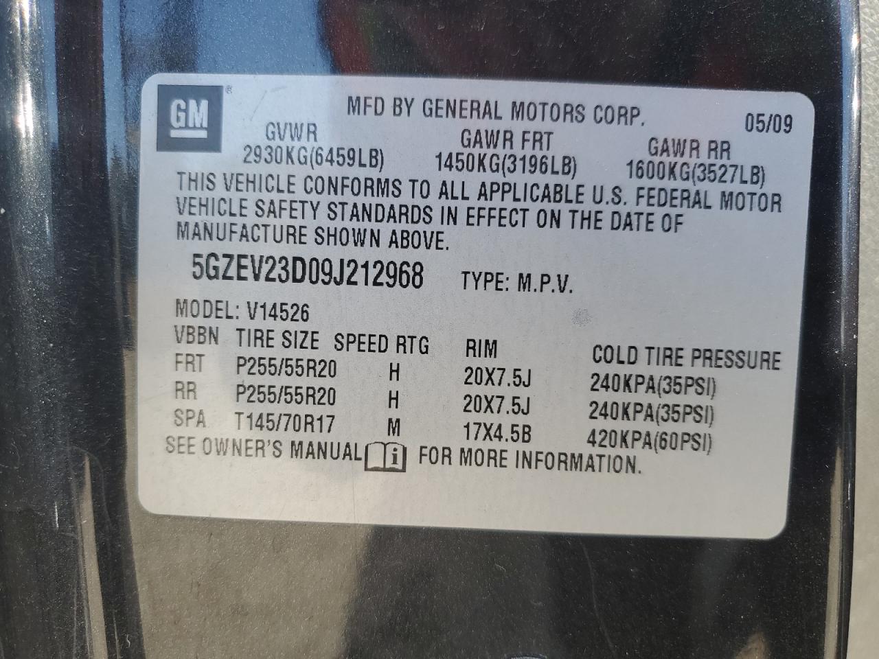 2009 Saturn Outlook Xr VIN: 5GZEV23D09J212968 Lot: 48352745