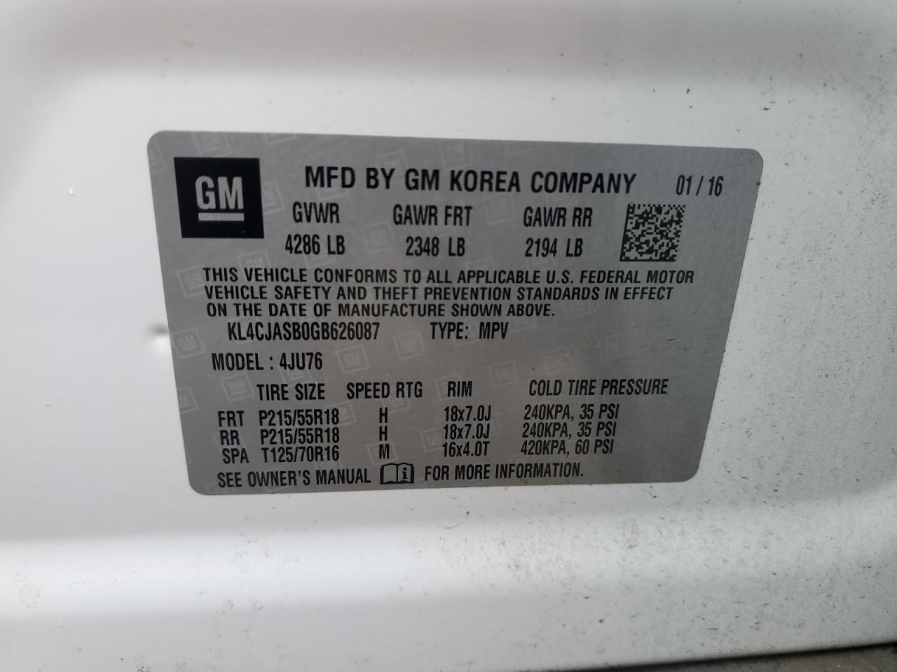 2016 Buick Encore VIN: KL4CJASB0GB626087 Lot: 49481405