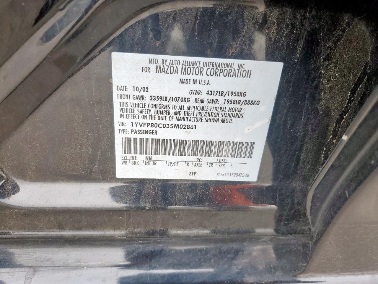 2003 Mazda 6 I VIN: 1YVFP80C035M02861 Lot: 51172075