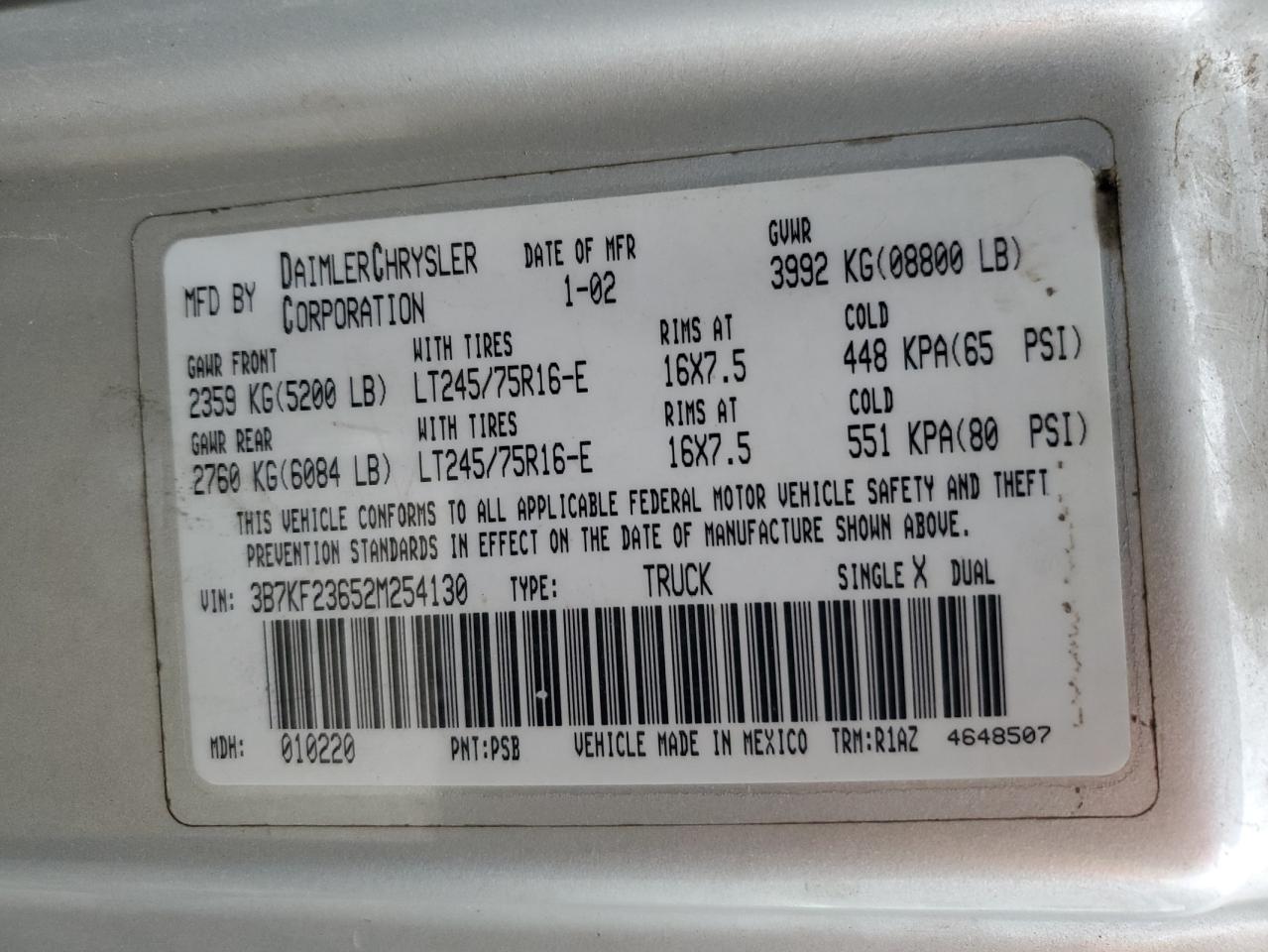 2002 Dodge Ram 2500 VIN: 3B7KF23652M254130 Lot: 51141485