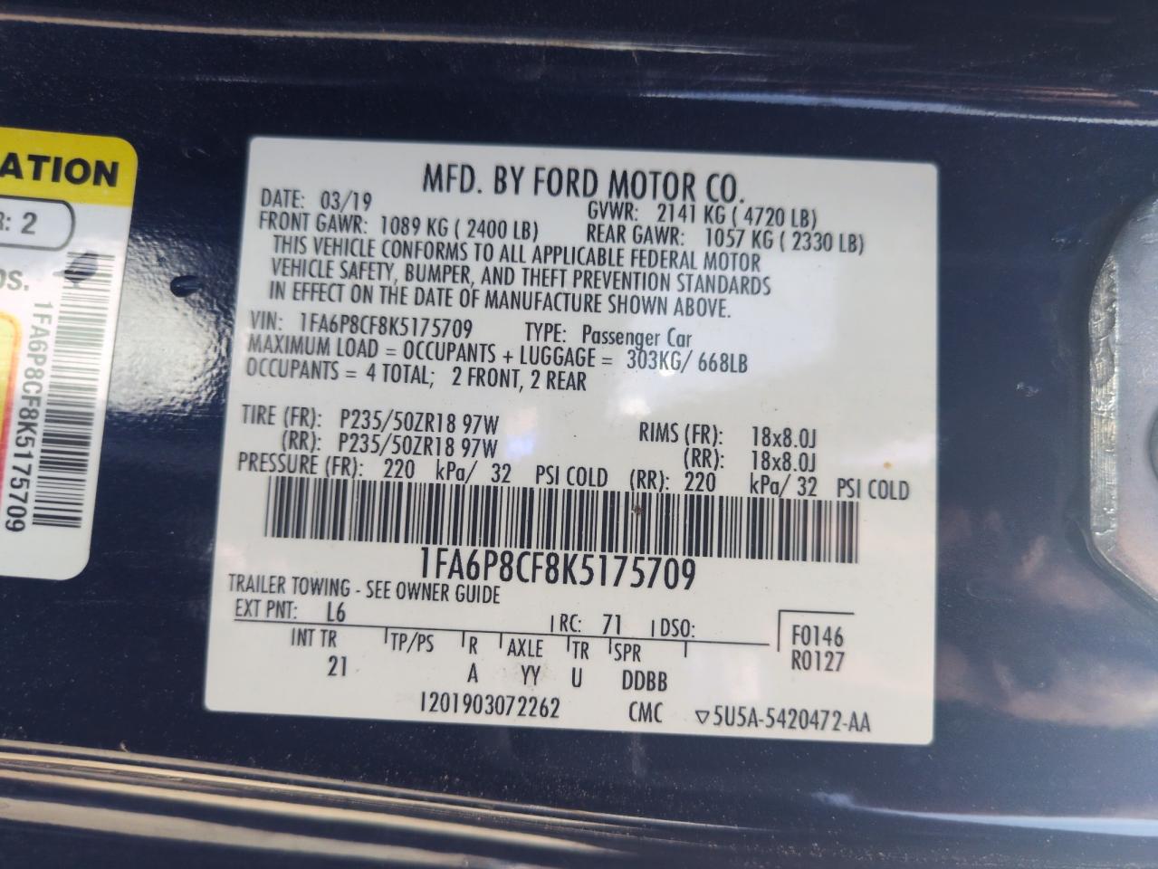 2019 Ford Mustang Gt VIN: 1FA6P8CF8K5175709 Lot: 49878265