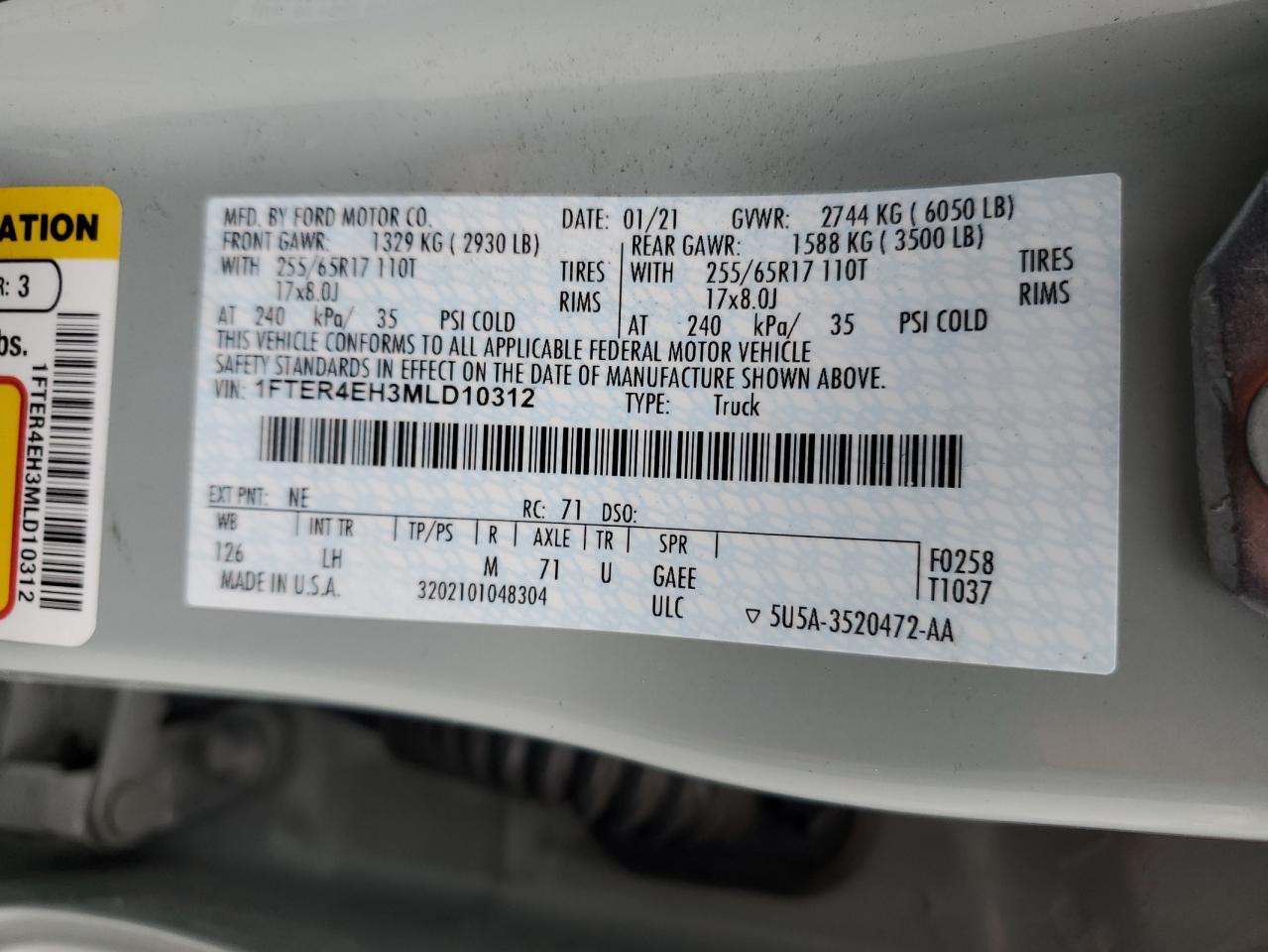 2021 Ford Ranger Xl VIN: 1FTER4EH3MLD10312 Lot: 48553625