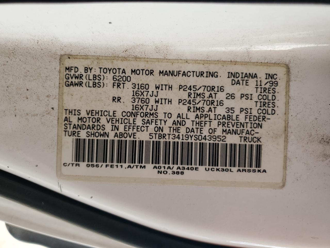 2000 Toyota Tundra Access Cab VIN: 5TBRT3419YS043952 Lot: 49904425