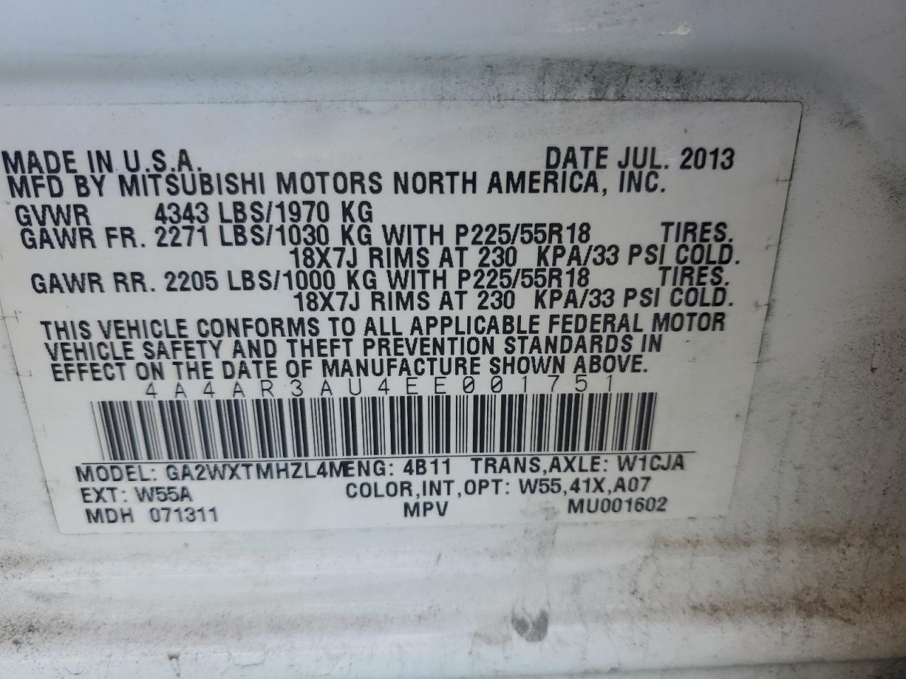 2014 Mitsubishi Outlander Sport Es VIN: 4A4AR3AU4EE001751 Lot: 47347095