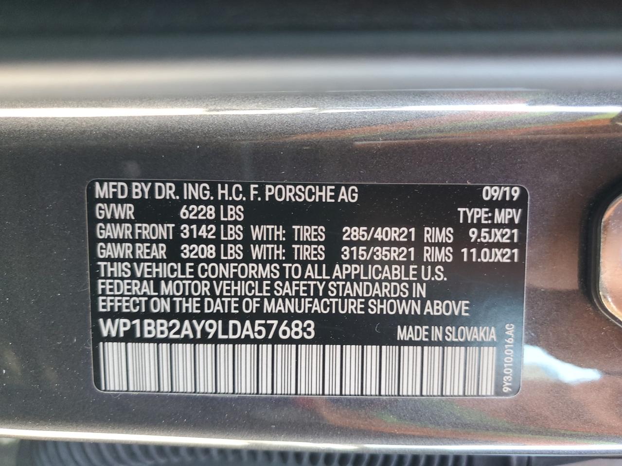 2020 Porsche Cayenne S Coupe VIN: WP1BB2AY9LDA57683 Lot: 50255415
