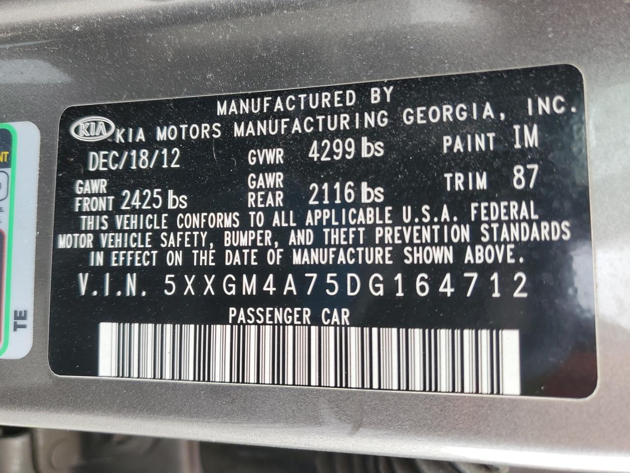 2013 Kia Optima Lx VIN: 5XXGM4A75DG164712 Lot: 51313455
