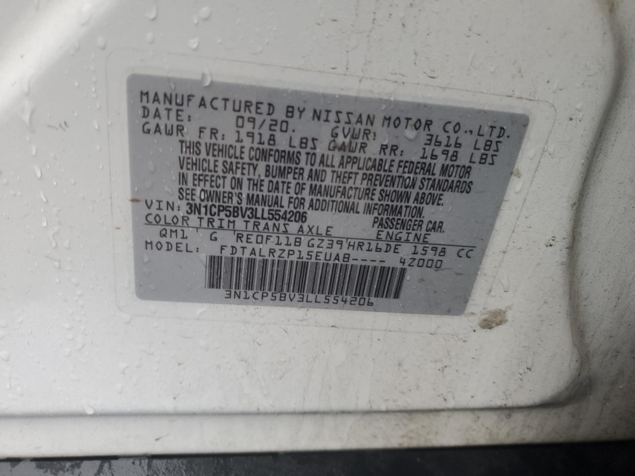 2020 Nissan Kicks S VIN: 3N1CP5BV3LL554206 Lot: 48030585