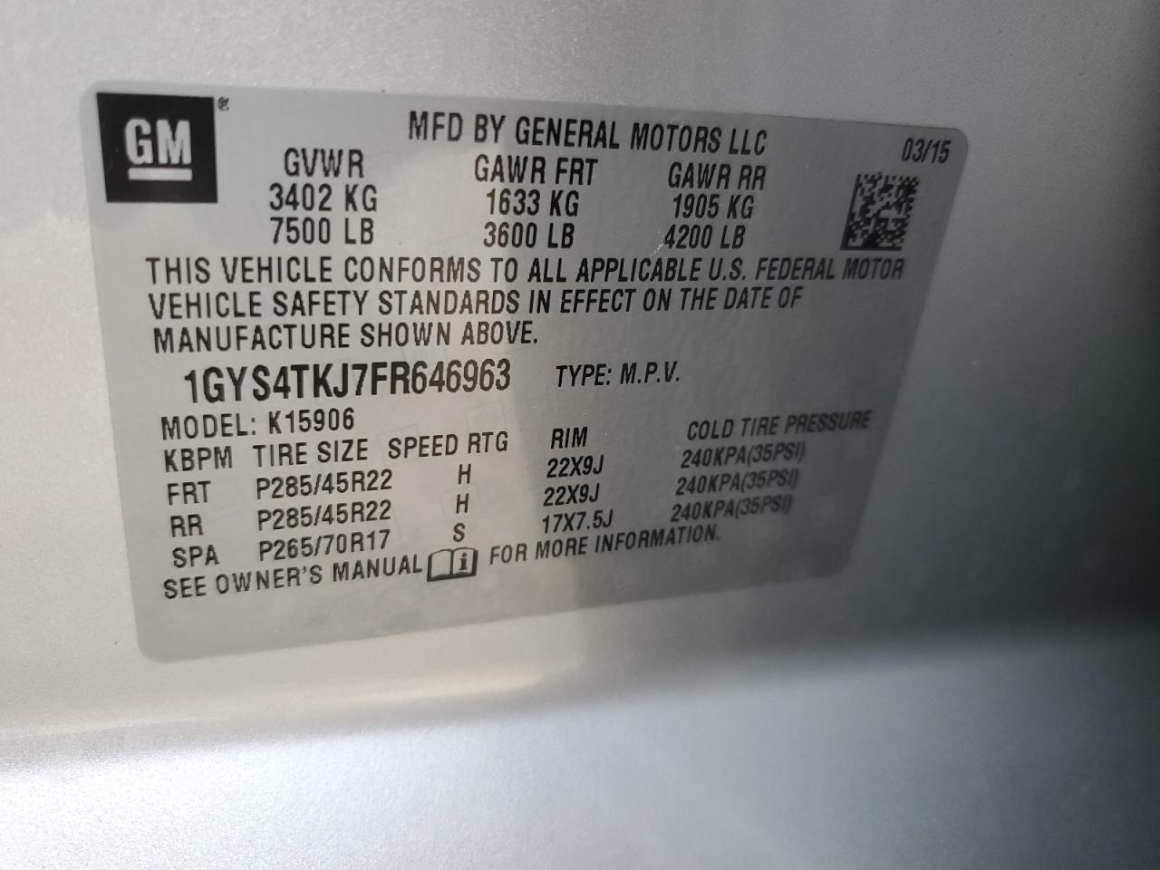 2015 Cadillac Escalade Esv Premium VIN: 1GYS4TKJ7FR646963 Lot: 50266125