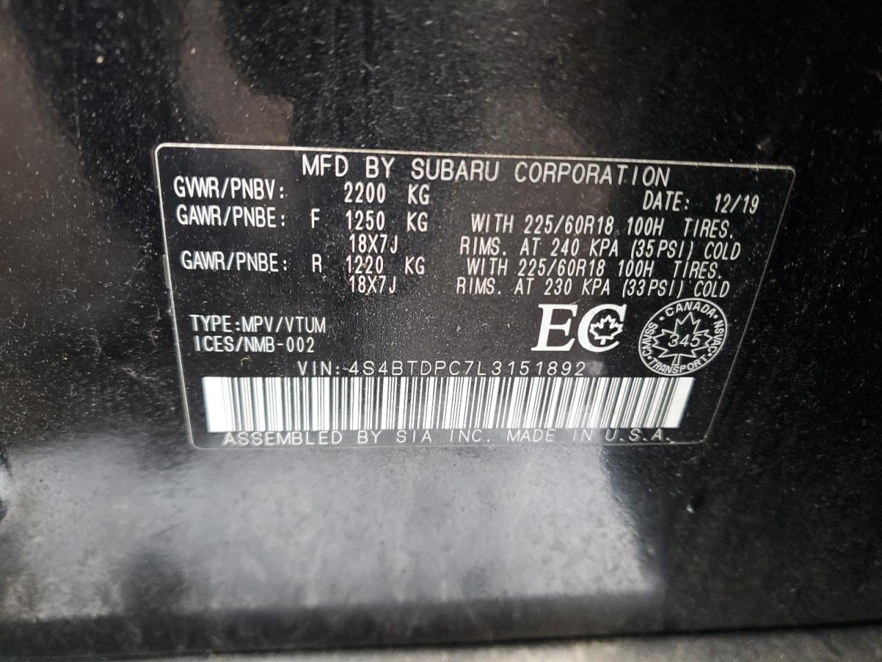 2020 Subaru Outback Premier VIN: 4S4BTDPC7L3151892 Lot: 46791615