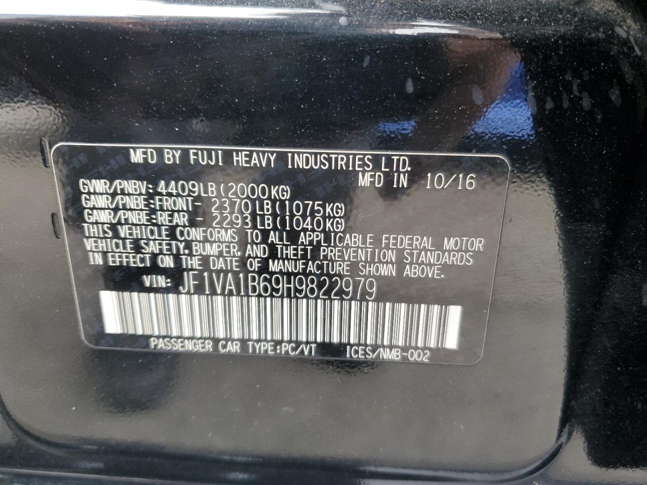 2017 Subaru Wrx VIN: JF1VA1B69H9822979 Lot: 50992545