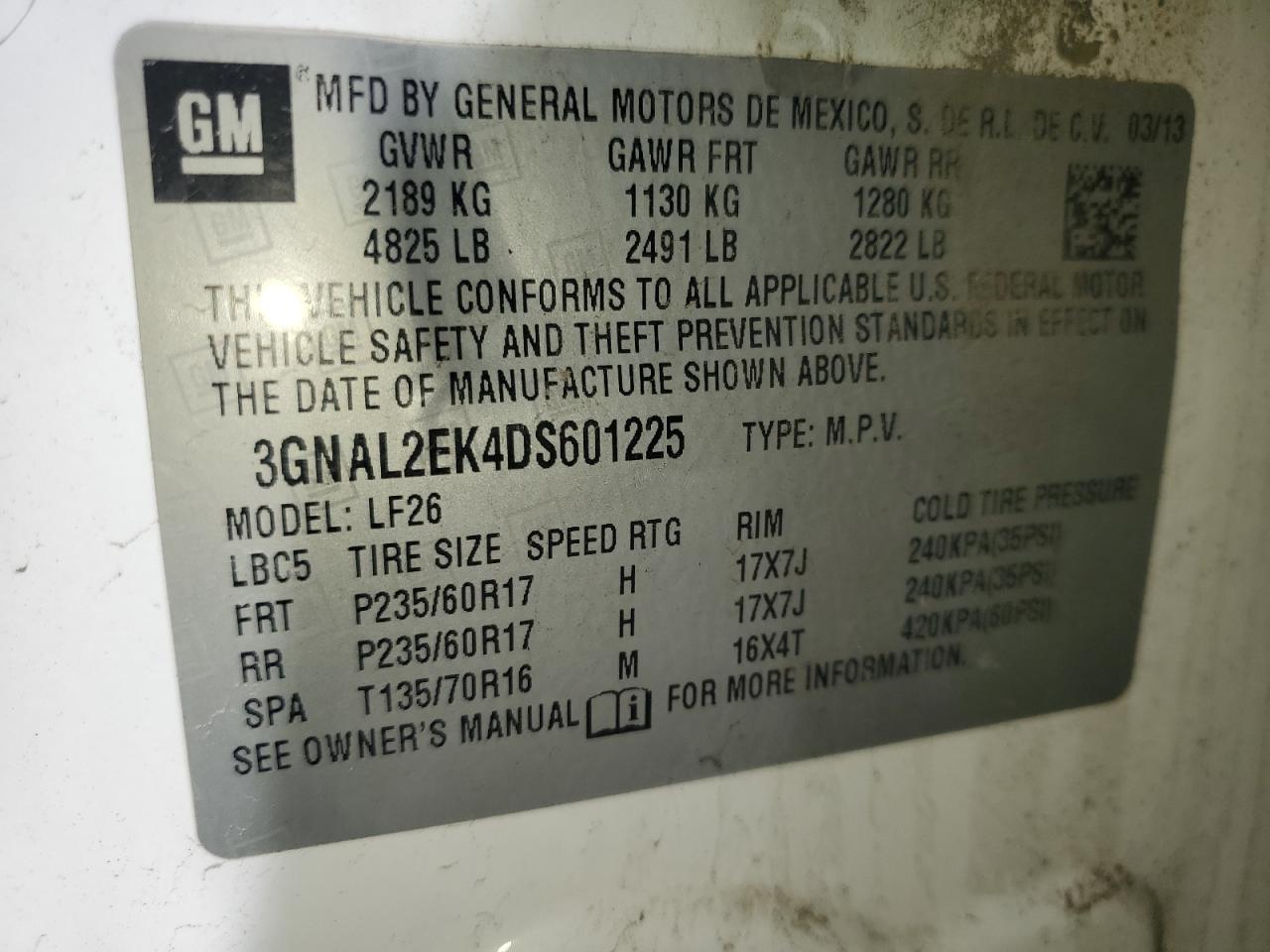 2013 Chevrolet Captiva Ls VIN: 3GNAL2EK4DS601225 Lot: 49963395
