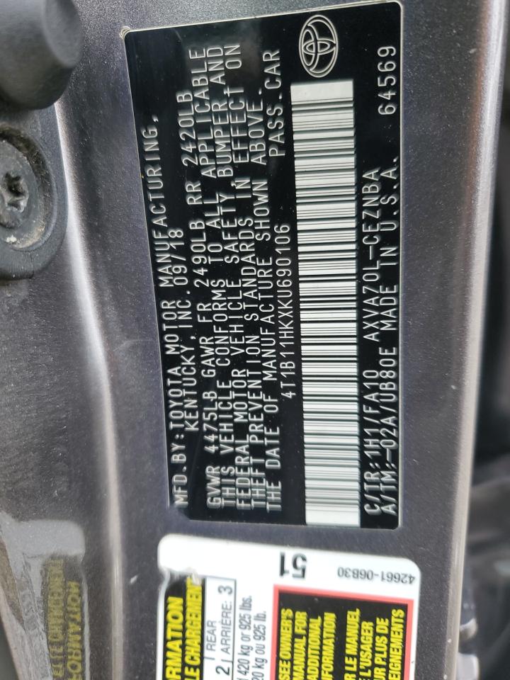 4T1B11HKXKU690106 TOYOTA CAMRY 2019