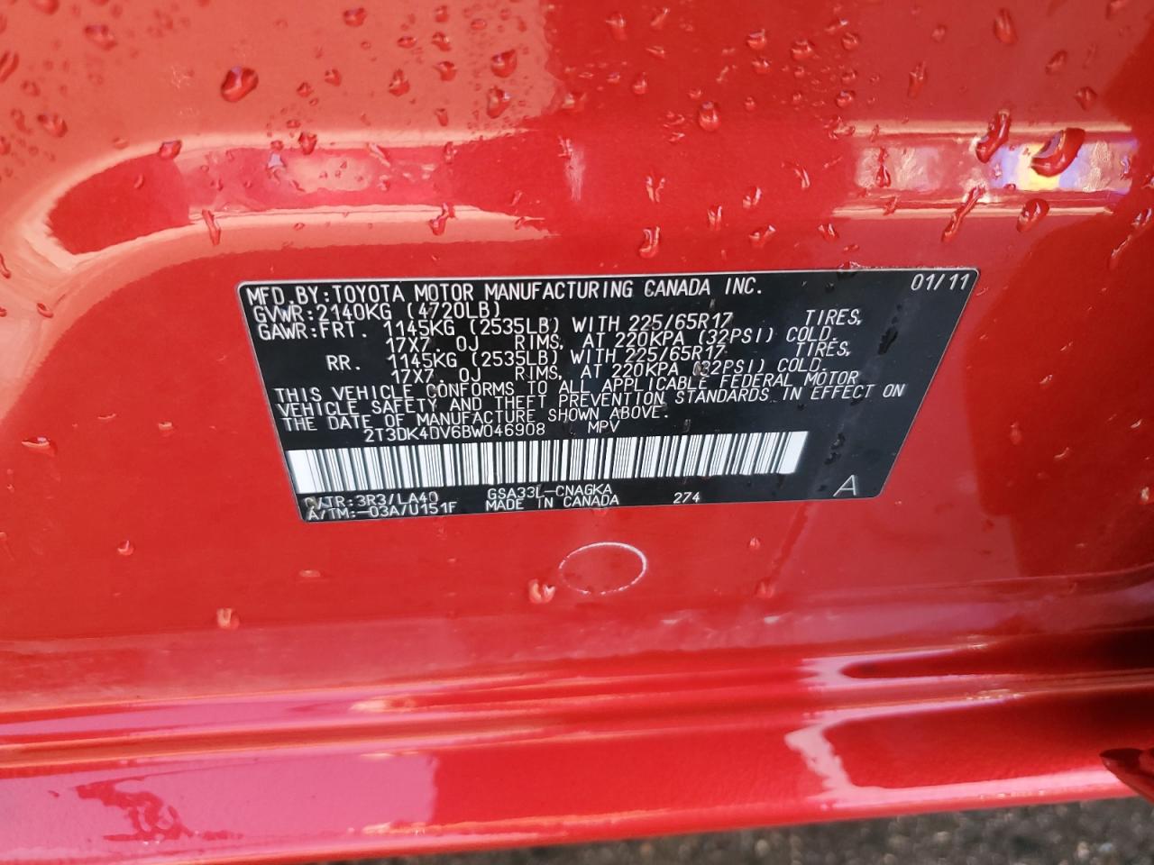 2011 Toyota Rav4 Limited VIN: 2T3DK4DV6BW046908 Lot: 48812315