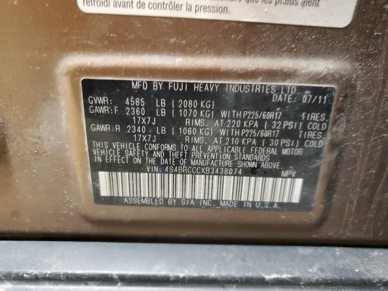 2011 Subaru Outback 2.5I Premium VIN: 4S4BRCCCXB3438074 Lot: 48954575